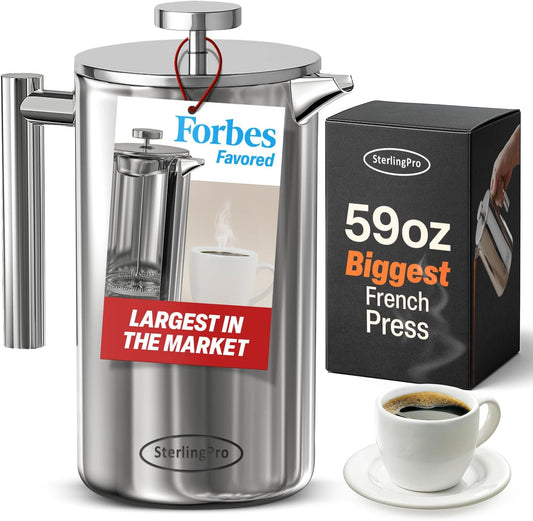 French Press Coffee Maker(1.75L)-Double Walled Large Coffee Press with 2 Free Filters-Enjoy Granule-Free Coffee Guaranteed, Stylish Rust Free Kitchen Accessory-Stainless Steel French Press